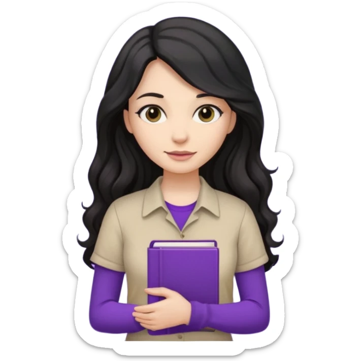 Long Hair Women with Black wavy hair, with purple Book, beige shir, without background sticker