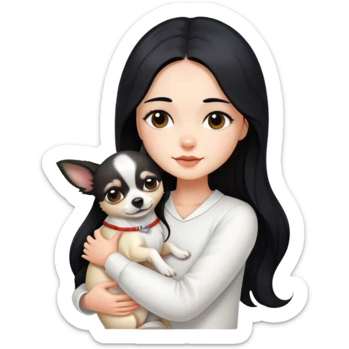Fair skin girl - long black hair - white clothes - hugging a chihuahua sticker