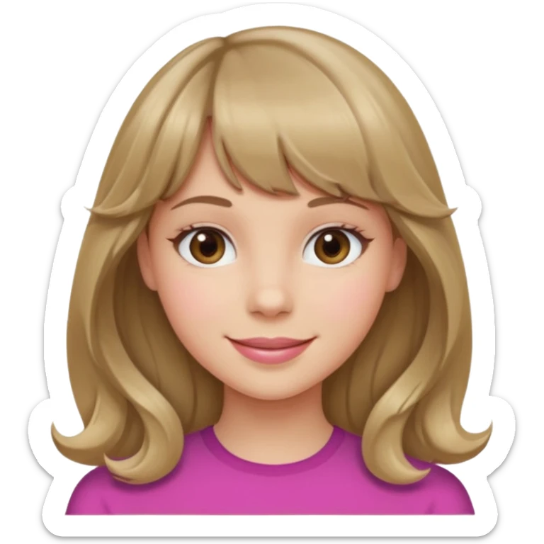 A girl with wavy, dark blonde hair, straight bangs, and straight eyes. She is smiling. sticker