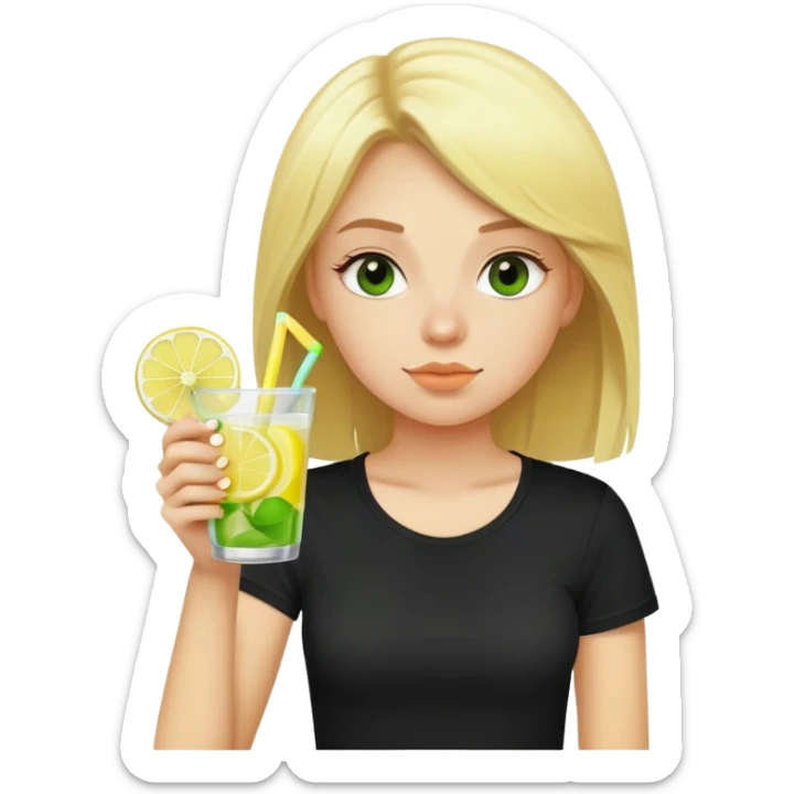 blonde girl straw drinking lemonade with one green lemon in the cup, with black watch black tshirt sticker