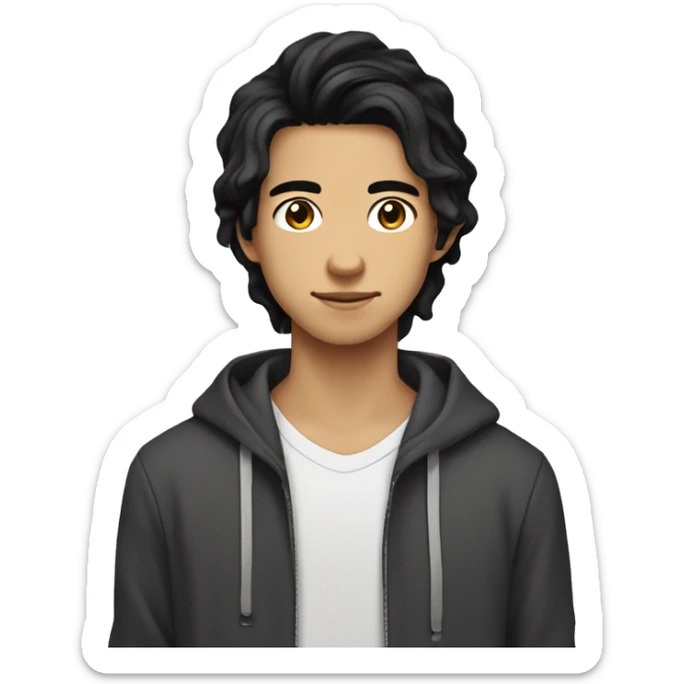Teen boy type Asian, long wavy black hair not too wavy, dark eyes, wearing hoodie sticker