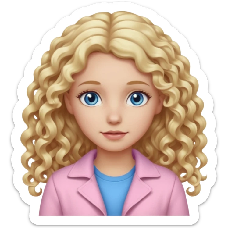 A white girl with long blonde curly hair and  eyes wearing light pink sticker