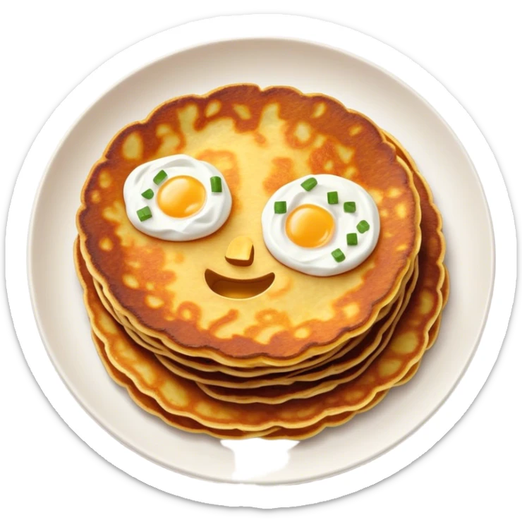 Cinematic Realistic Placki Ziemniaczane Dish Emoji, depicted as crispy potato pancakes served with sour cream rendered with vivid textures and warm, appetizing lighting. sticker
