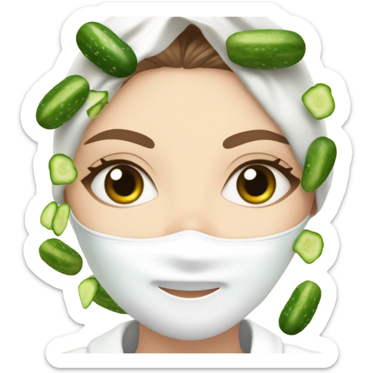 White girl with Brown hair and blue eyes wears a Green skincare textured mask and puts on cucumbers around her eyes while She relaxes in her white Robe sticker