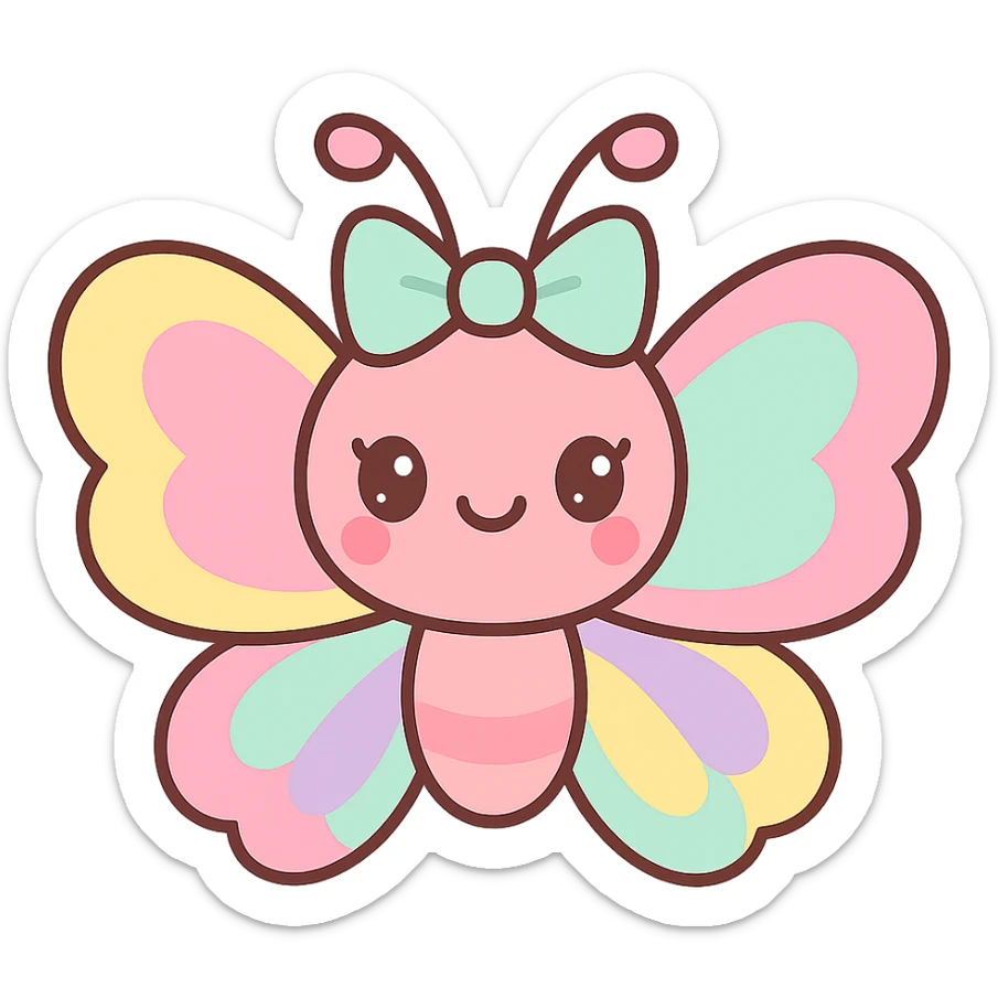 kawaii butterfly with a bow on its head, pastel rainbow wings, sweet and friendly expression, shimmery lipstick and blush sticker