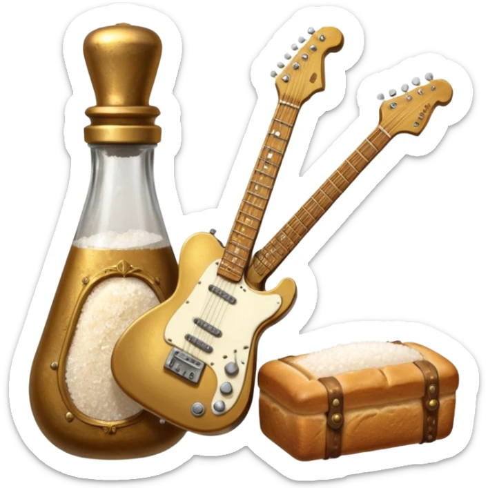 steampunk victorian - a bottle of salt (salt shaker) and a loaf of peasant bread with a small electric telecaster guitar - still life composition sticker