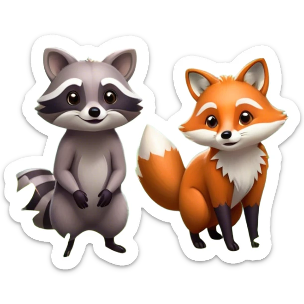Collage of a raccoon and a fox, in close-up, set in a beautiful forest with tall trees, green bushes, and sunlight filtering through the leaves. Both animals look curious and playful. A vibrant, wild atmosphere with a transparent background. sticker