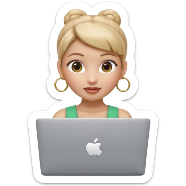 3D Apple Memoji–style emoji, female character with high bun and hoop earrings, peeking over a silver laptop, soft lighting, smooth plastic texture, transparent PNG, 4K. sticker