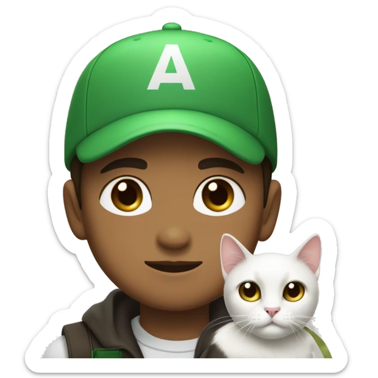 a boy in a green cap with sign “папа» with light brown skin light brown eyes and dark brown hair brown hair holds his black cat with  white muzzle and white chest sticker