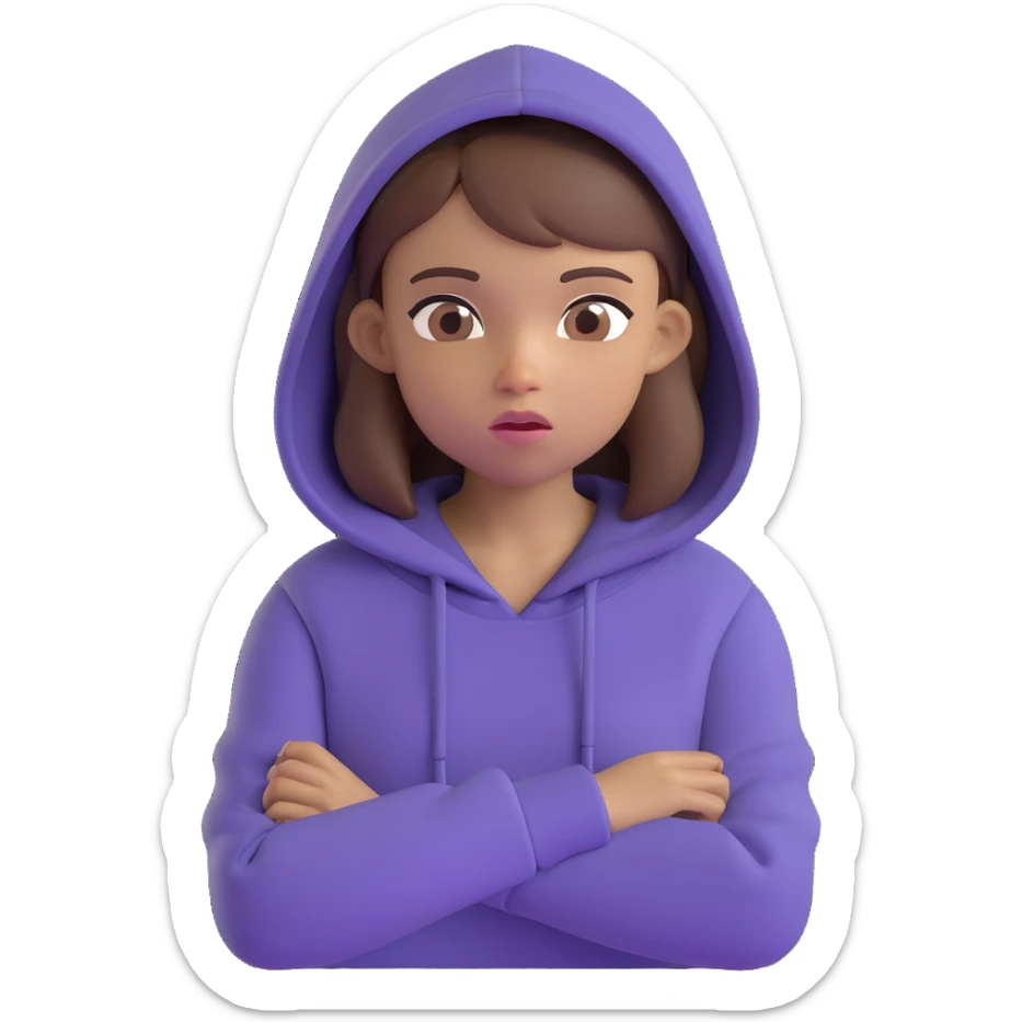 emoji of a girl with brown hair, flesh skin tone, wearing a hoodie, with an expression of trying to understand the class sticker