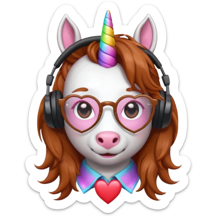 headphone wearing unicorn with dark ginger hair and heart shaped spectacles sticker
