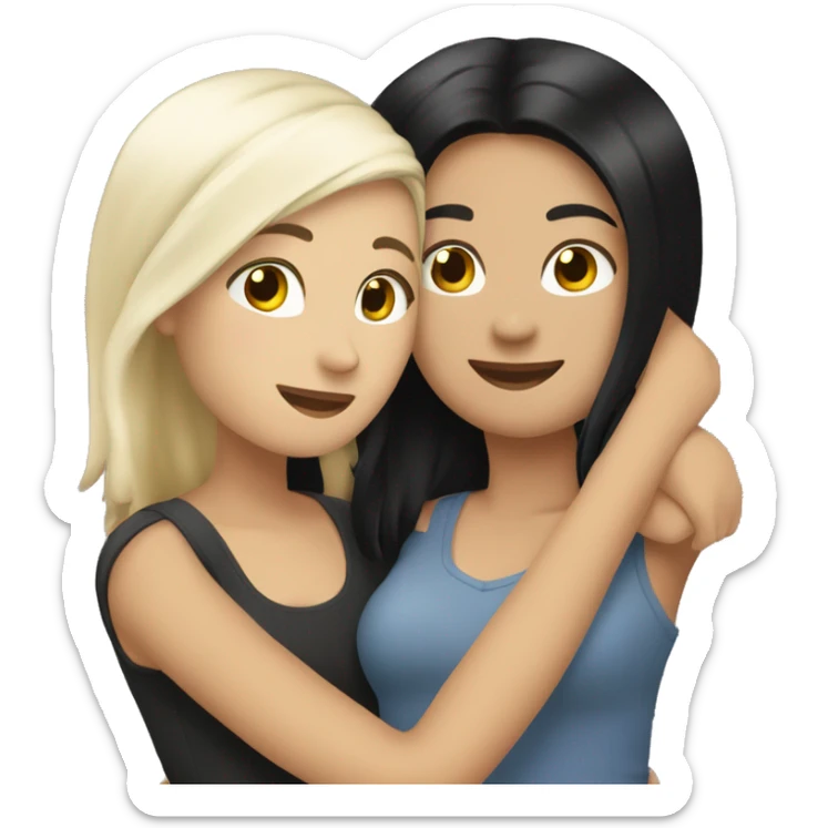 A lesbian couple that both have white skin and long black hair are hugging intimately, and romantically. sticker