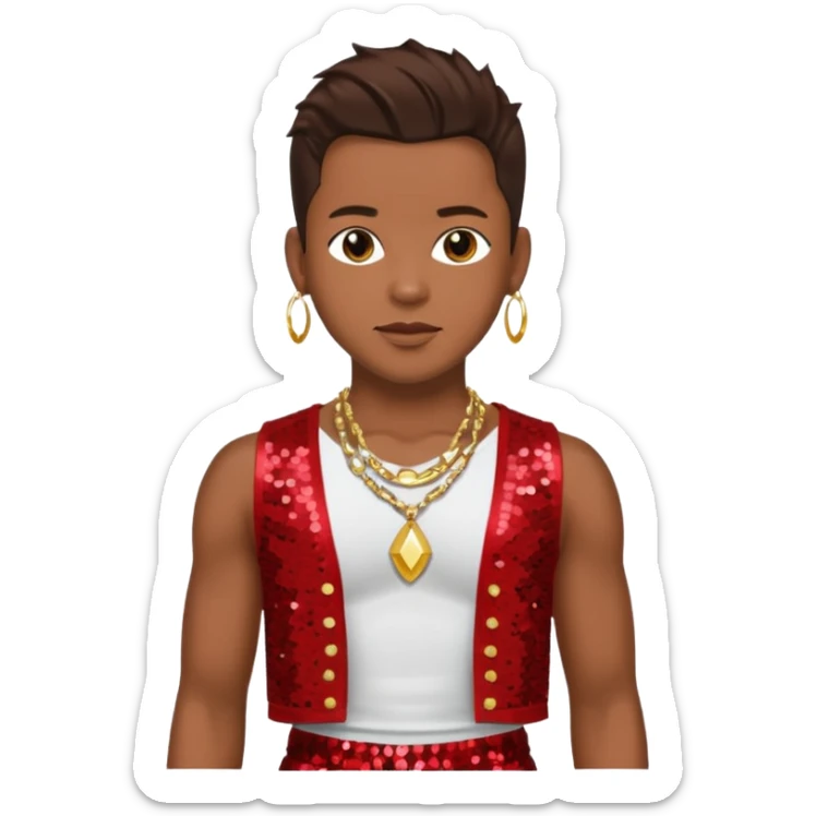 Bobby Brown with dark brown hair, red sequin bolero crop top, red sequin harem pants, shirtless with necklace sticker