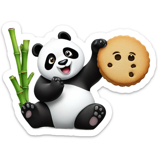 A panda waving hand with a cookie in the waving hand and bamboo in the other sticker