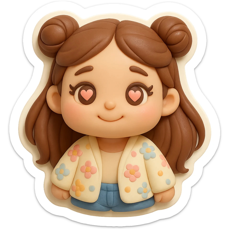 Create a 3D chibi fondant cake art style image of a girl based on the reference image, preserving facial features. She has long brown hair styled in two space buns, brown eyes with soft pink hearts in them expressing being in love, wearing jeans and a pastel floral cardigan. The image should have a thick white outline like a sticker and a transparent background. The face is very close to the camera, conveying a feeling of being in love with the viewer, with high-quality rendering, smooth shadows, and soft gradients. sticker