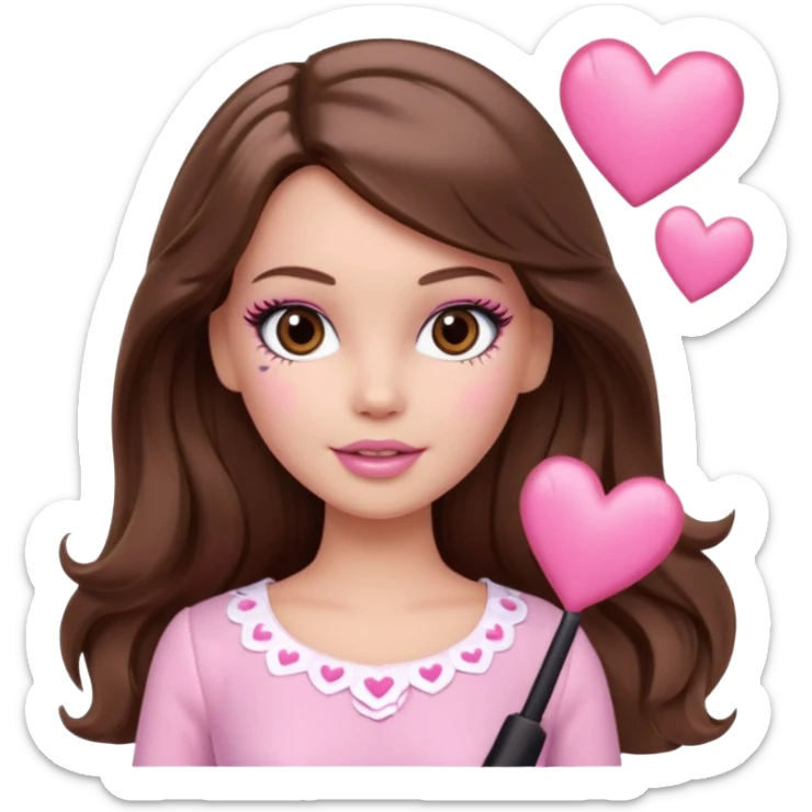 Barbie girl and  makeup , brown long straight wavy hair and brown eyes is In pale pink clothes There are pink hearts all around sticker