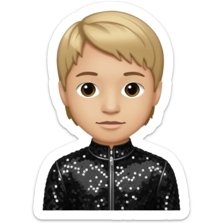 Ray Luzier from Korn with dark blonde hair, light skin, black sequin outfit sticker