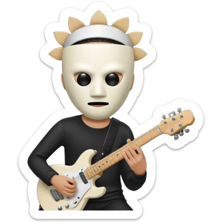 guitarist wearing a white bucket on his head, with two eye holes, a blank expression, and a small theatrical mask on the bucket. He’s holding an electric guitar, dressed in a simple black outfit, giving off a mysterious but playful rock legend vibe, kfc bucket on his head sticker