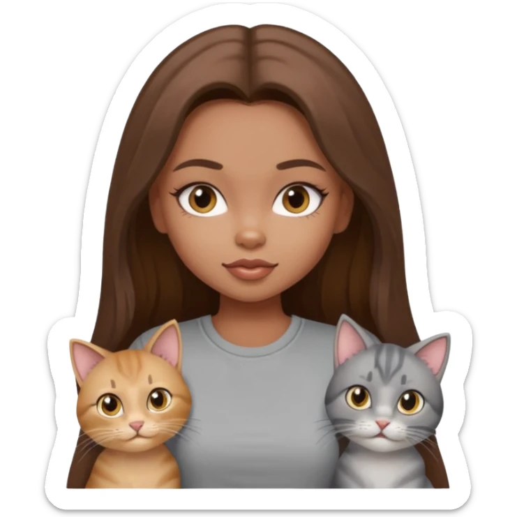 a pretty bratz dusky girl with long brown hair with four cats nd wearing a grey tshirt sticker