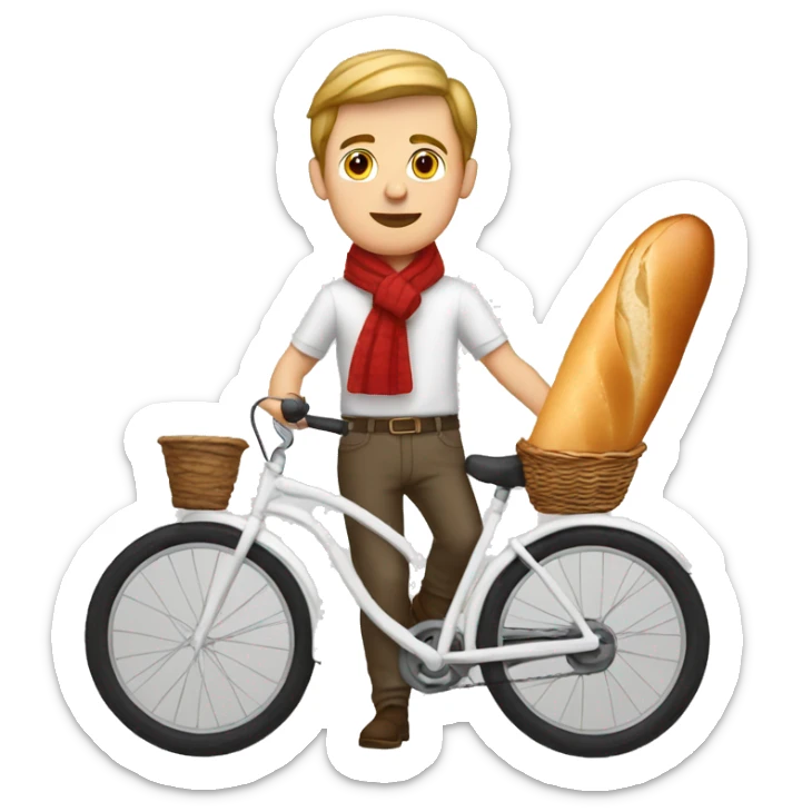 white parisian white man with a stripped white shirt, on a bike, wearing a red scarf and holding a baguette sticker