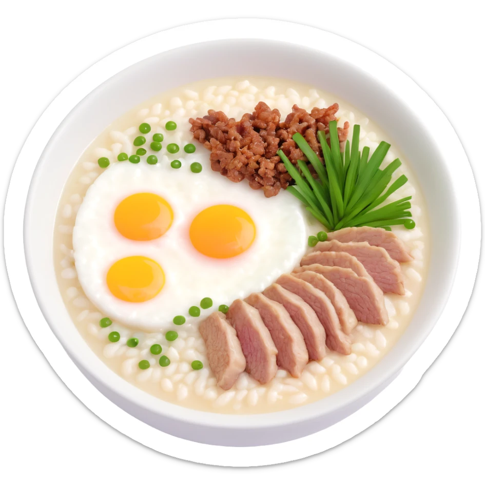 bowl of Asian rice porridge (congee) with steam, simple round bowl, topped with halved soft-boiled egg, minced pork, chopped green onions, cilantro, crispy fried garlic, smooth colorful clean minimal cute sticker