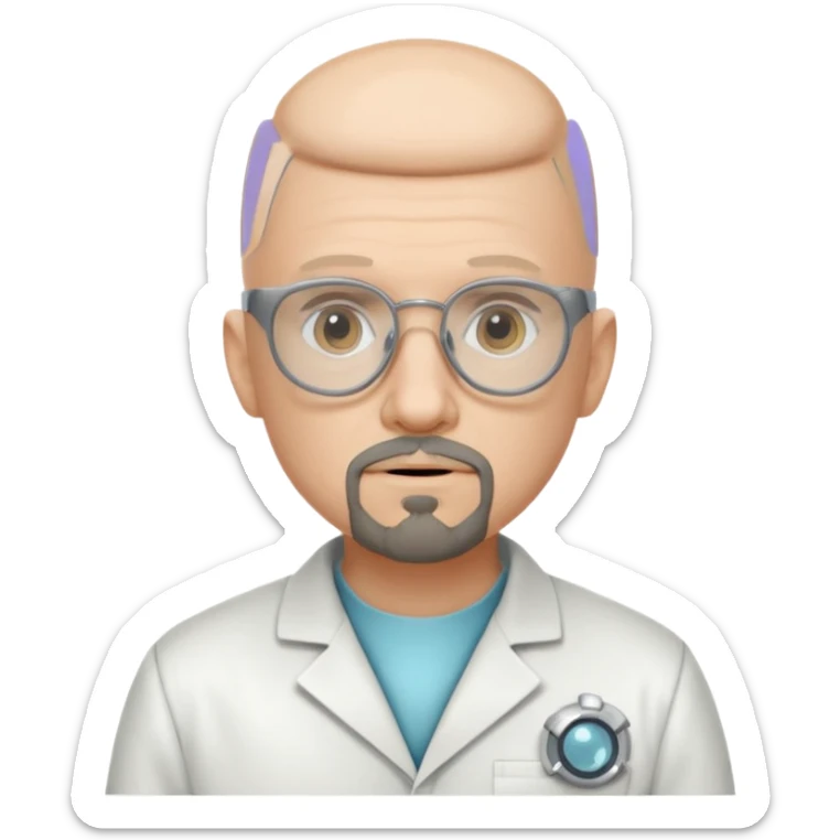 Make a person in a scientist's suit, hairless, with glasses and a goatee. sticker