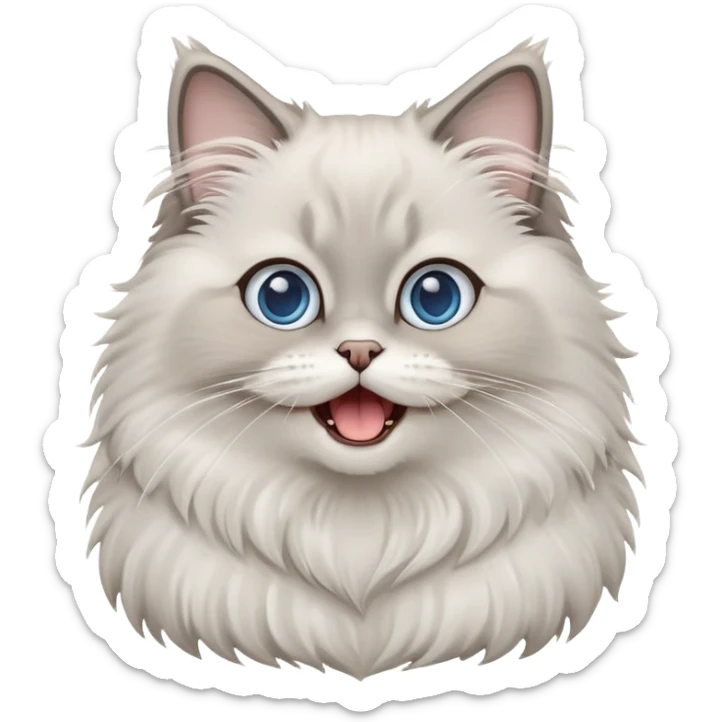 cinematic-adorable-big-eyed-fluffy-grey ragdoll-cat-portrait-emoji,-head-tilted-playfully-with-a-cute,-yawn,-white and grey fur,-simplified-yet-irresistibly-cute-features, blue eyes sticker