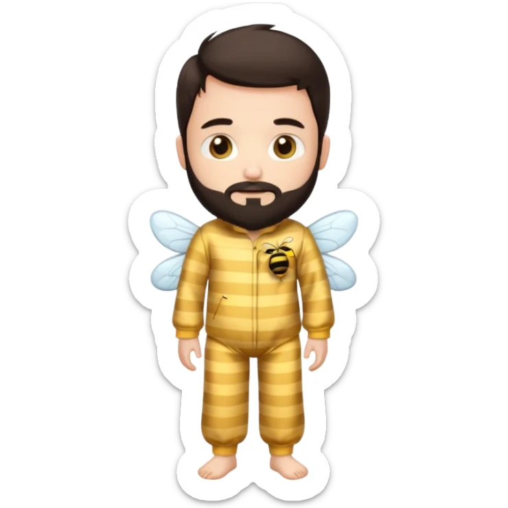 Grown up man with brown eyes, dark brown long hair, white skin, medium beard, full body in cute bee pijama sticker