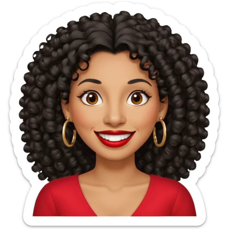 40 yr old peruvian woman, very curly long black hair, red lipstick, big smile, white teeth, brown eyes, hoop earings, side part to hair, round face sticker
