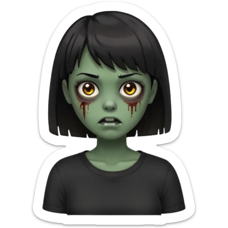 Zombie girl emoji verde escuro com cabelo curto liso preto no ombro e franja na altura da sobrancelha cobrindo completamente a testa, com uma blusa preta, olhos castanhos escuros sticker