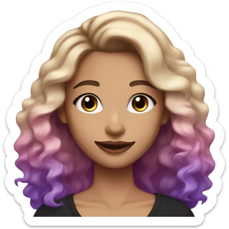White-skinned adult woman, smiling with makeup, pink and purple glitter on face, blue eyes, long brown-to-blonde ombre wavy hair, ring earrings, black T-shirt. sticker