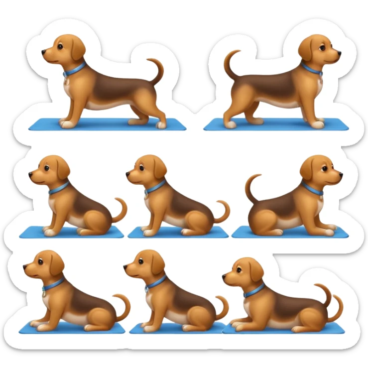 craeate me a series of emojis for those excersises (dog). I want seperate emojis for each excersise

Nose
Sit
Lay down
Spin
Focus
Drop
Walk next to me sticker