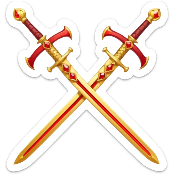 Two crossed swords that are golden in blade and handle and have fiery and royal appearence to them as well as red gem stones yellow in color sticker
