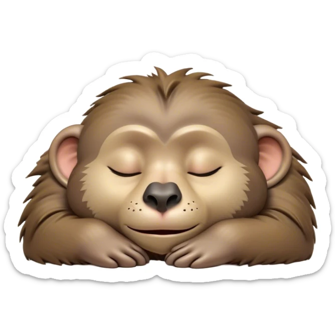 Meme-Worthy Cute Sleeping Baboon Portrait Emoji, Head resting peacefully with a contented smile, showcasing a robust build and a luxuriously soft Fur of earthy browns, eyes shut in a serene, restful nap, Simplified yet hilariously adorable features, highly detailed, glowing with a soft, drowsy light, high shine, relaxed and utterly lovable, stylized with an air of playful laziness, bright and heartwarming, soft glowing outline, capturing the essence of a comically sleepy baboon, so meme-worthy it feels like it could instantly become the next viral sensation of adorable slumber! sticker