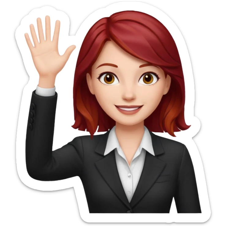 reate Emoji of white girl with bussines outfit is waveing with one hand and make her hair stronger dark red color please sticker
