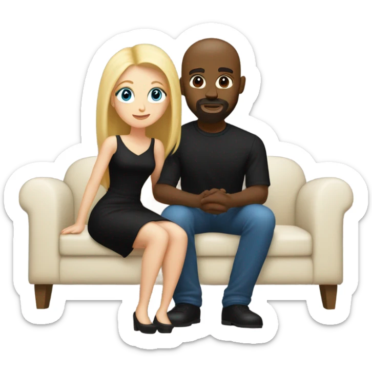 Blonde woman with blue eyes and long straight hair wearing a short black dress and a black man who is bald with a goatee seated together on a sofa enjoying a passionate embrace.   sticker
