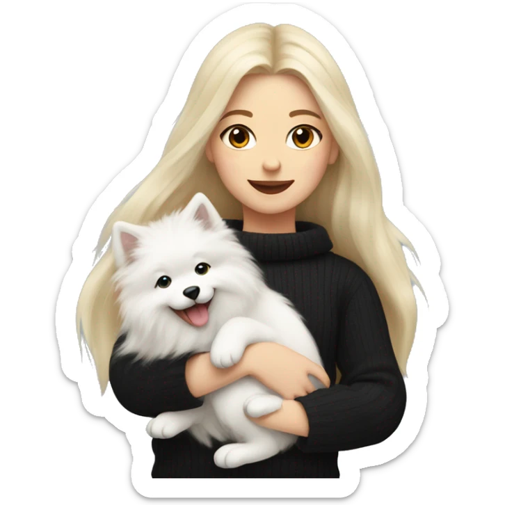 blonde girl with long hair in a black sweater holds a Samoyed puppy in her arms sticker