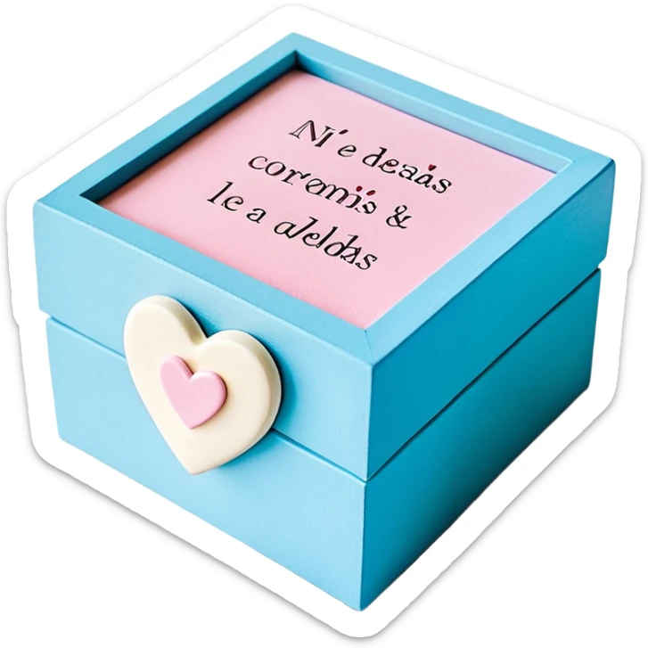 Una cajita rosa pastel con detalles fucsia dentro un recuadro crema con letras fucsias (Declaraciones de Fe – Exitosas con Dios – Romanos 4:17), corazones decorativos con palabras y un corazón azul con el número 99 arriba. sticker