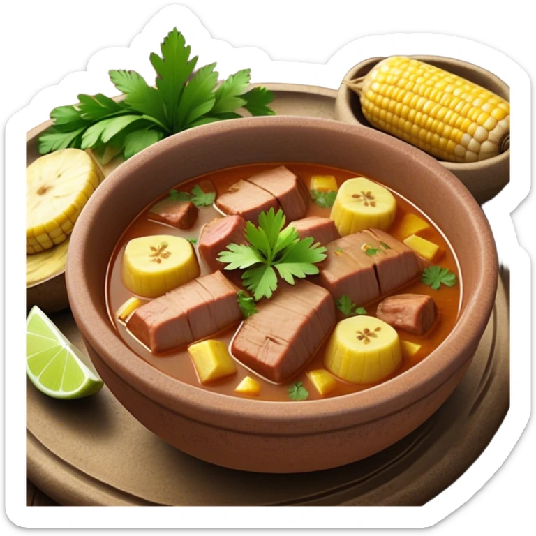 Cinematic Realistic Sancocho Antioqueño Emoji, depicting a hearty Colombian stew brimming with tender cuts of meat, yuca, plantains, corn on the cob, and potatoes in a rich, flavorful broth. Served in a rustic clay bowl with fresh cilantro and lime on the side, rendered with warm, inviting textures and homely, comforting lighting. sticker