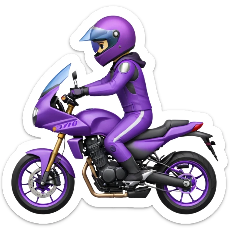 Créer un emoji avec une moto mt07 sport noir mate / violet iridescent très foncé, pare-brise de la moto violet. Avec une pilote dessus visière violet sombre visage caché . Avec fond arrière violet en arrière plan. sticker