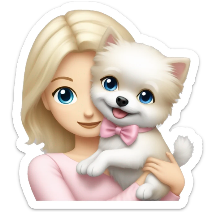 Blond girl white skin blue eyes hugging white Pomeranian with light pink bow sticker