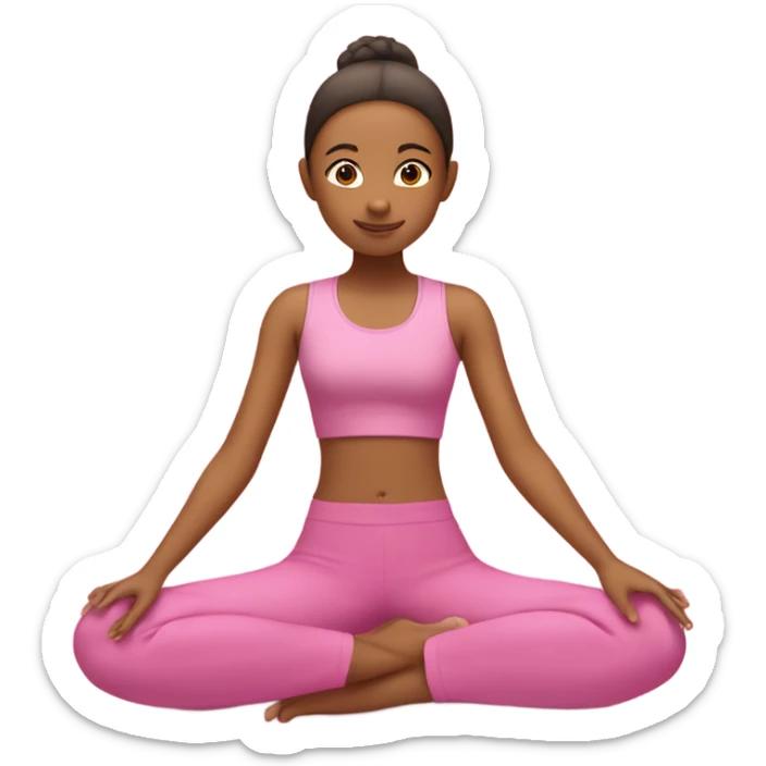 A 13 year old girl doing yoga with a pink top and pink pants and next to her she has a candle sticker