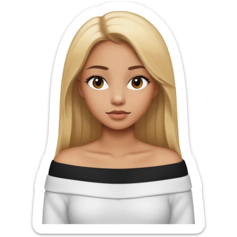 Mujer color de piel moreno claro, con cabello rubio largo, lacio y suelto, ojos negros viendo a la cámara, usando un suéter off shoulders blanco sticker