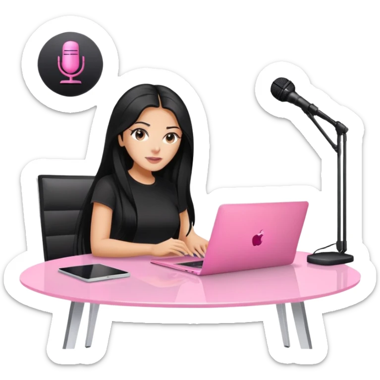 tanned long black hair woman, sat at desk with pink MacBook, podcast microphone black top and pink, sexy, glas table sticker