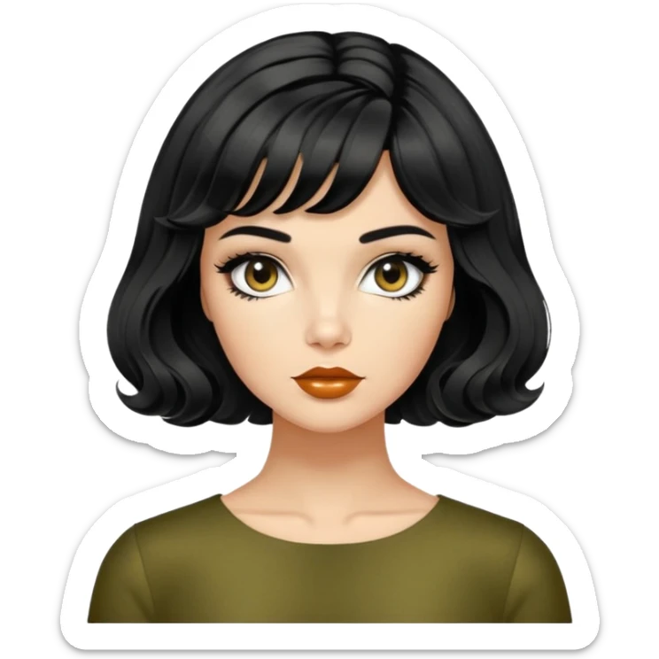 Alluring 1960's mod greek olive skin girl french shiny black wavy textured bob haircut tousled hair sticker