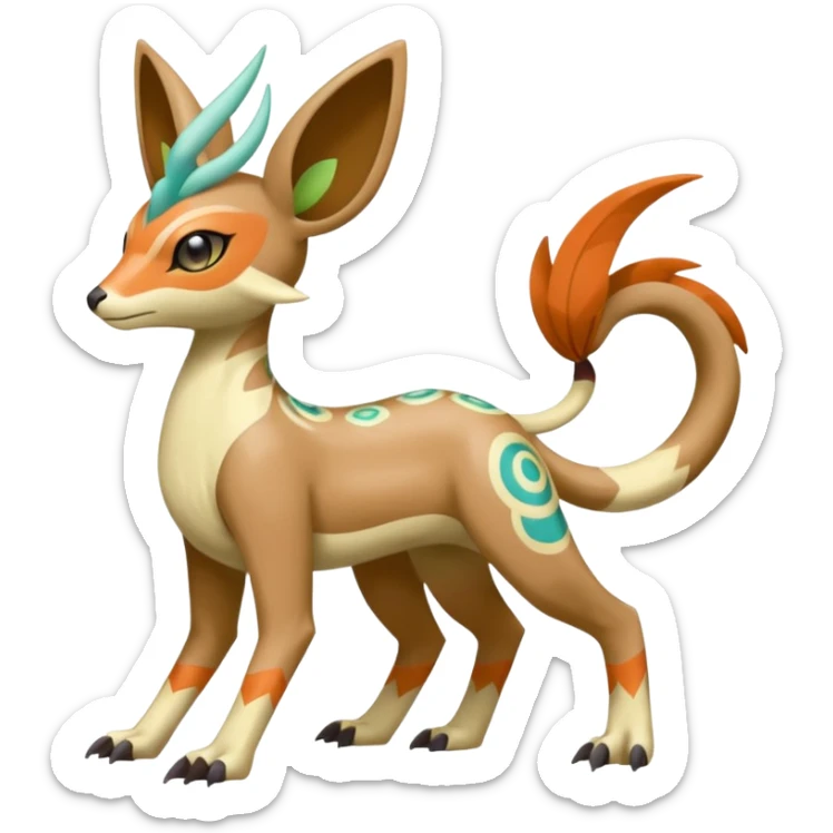 Tribal Colorful Exotic Fionbri-Trico-Kalon-Falvie-Vernid-Meloetta-Pokémon-Fakémon-Digimon-Spectrobe-hybrid-fusion, full body sticker