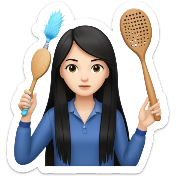 A white woman with long, straight black hair, holding a wooden paddle hairbrush in her left hand and spraying a hair mist bottle with her right hand toward her hair. sticker