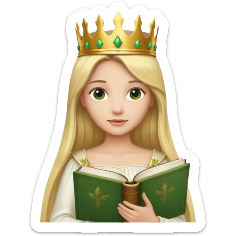 Long blonde straight Hair Women with green Book, white dress , crown

 sticker