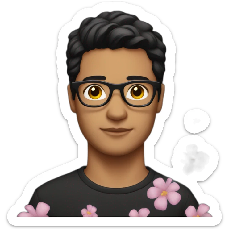 dark hair guy wearing glasses and dark t-shirt with flowers print sticker
