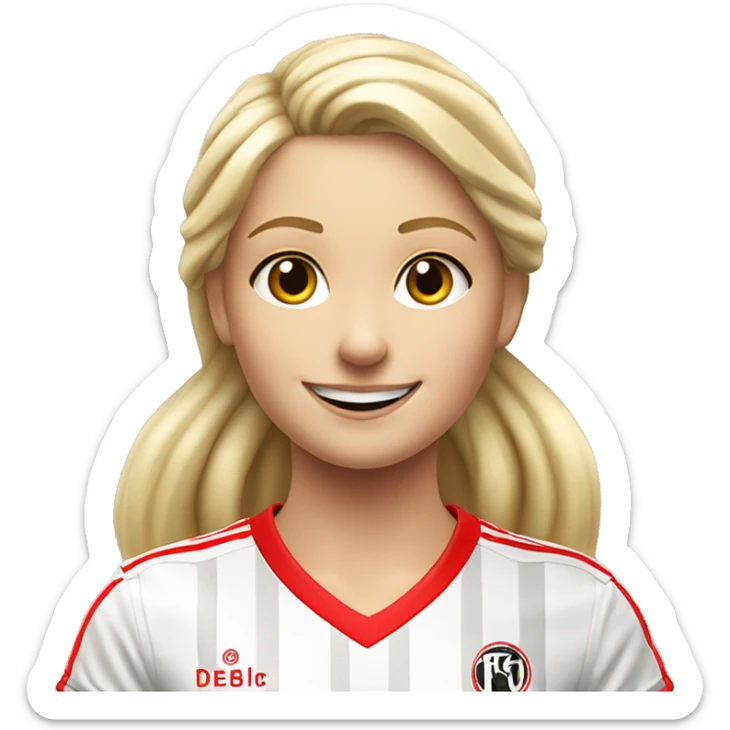 A blonde Girl smiling with a red and white Soccer jersey of the german Soccer Club 1. fc köln  sticker